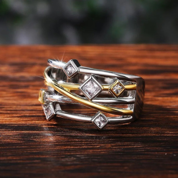 🔥Multi Layer Glitter Square Shape Zircon Gold  Stackable Fashion Ring,UNVN12118 - Picture 2 of 6